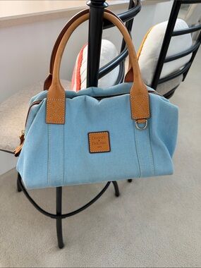 Dooney & Bourke Light Blue Canvas Satchel with Tan Leather Trim